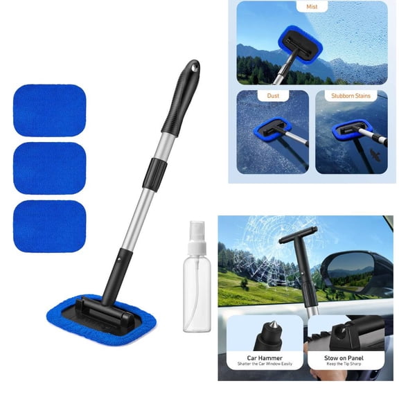 Windshield Cleaner, Microfiber Car Window Cleaner with 4 Reusable and Washable Microfiber Pads and Extendable Handle,Multifunctional Use Windshield Cleaner Tool Kit