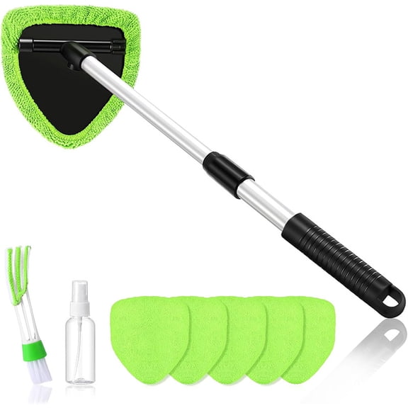 Windshield Cleaner Tool with 180° Rotating Head, Car Window Cleaner Tool with Extendable Handle, 6 Reusable Microfiber Covers, 1 Spray Bottle and 1 Detail Cleaning Brush, Car Windshield Cleaning Brus