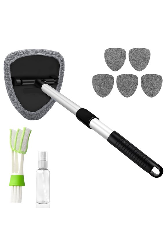 Windshield Cleaner Tool with 180 Rotating Head, Car Window Cleaner Tool with Extendable Handle, 6 Reusable Microfiber Covers, 1 Spray Bottle and 1 Detail Cleaning Brush, Car Windshield Cleaning Brus