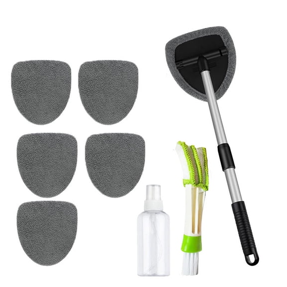 Windshield Cleaner Tool with 180° Rotating Head, Car Window Cleaner Tool with Extendable Handle, 6 Reusable Microfiber Covers, 1 Spray Bottle and 1 Detail Cleaning Brush, Car Windshield Cleaning Brus