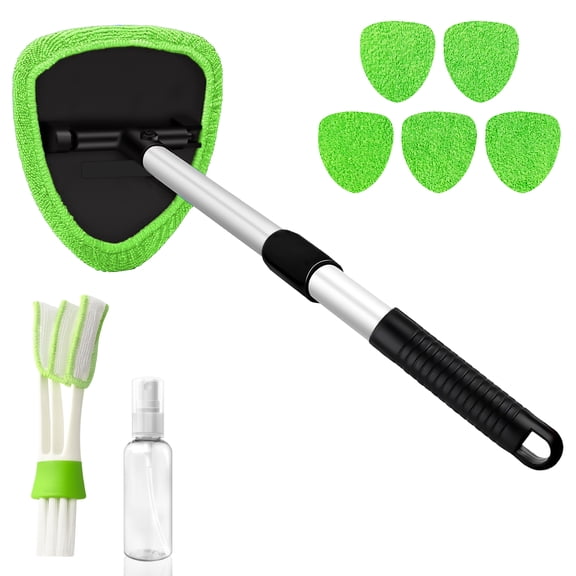 Windshield Cleaner Tool with 180° Rotating Head, Car Window Cleaner Tool with Extendable Handle, 6 Reusable Microfiber Covers, 1 Spray Bottle and 1 Detail Cleaning Brush, Car Windshield Cleaning Brus