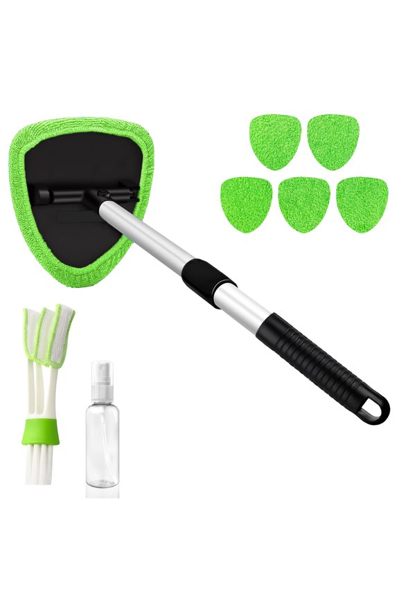 Windshield Cleaner Tool with 180 Rotating Head, Car Window Cleaner Tool with Extendable Handle, 6 Reusable Microfiber Covers, 1 Spray Bottle and 1 Detail Cleaning Brush, Car Windshield Cleaning Brus