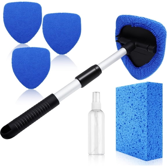 Windshield Cleaner Tool 22.5" L -  Interior&Exterior Window Cleaning Kit with Extendable Handle&4 Microfiber Pads and Thick Large Wash Sponge, Auto Glass Wiper Brush Kit for   (7pcs Blue)