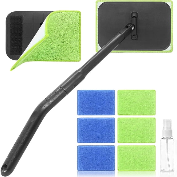 Windshield Cleaner Tool with 6 Magic Fiber Pads & Bottle, Removable Handle Window Wiper Kit for Interior/Exterior Glass, , SUVs, RV (Dry & Wet Use)