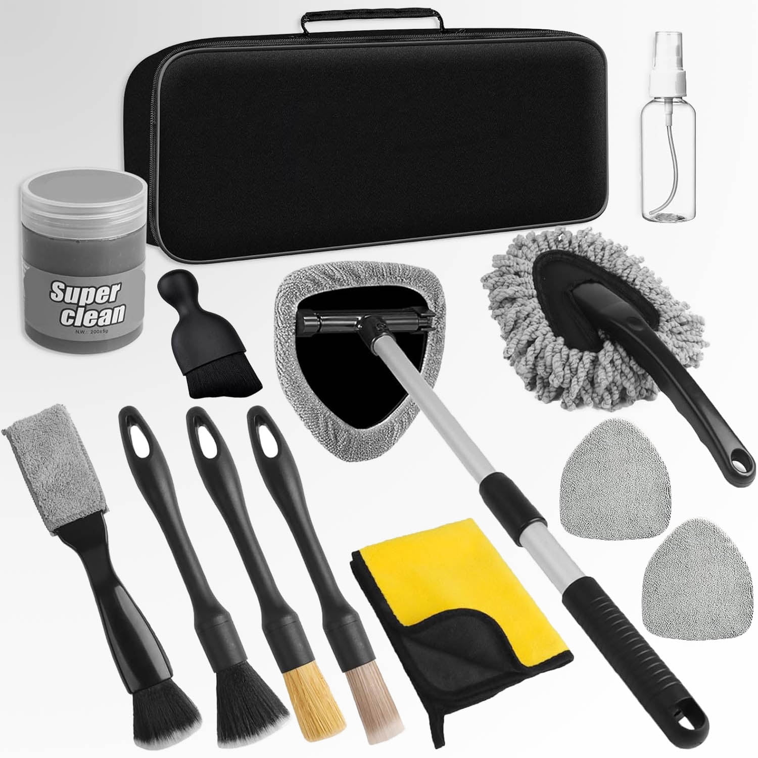 Windshield Cleaner Tool, Car Cleaning Kit - Interior Detailing Kit with Extendable Handle, Cleaning Gel & Microfiber Pads, All-in-One Inside Car Cleaning Supplies