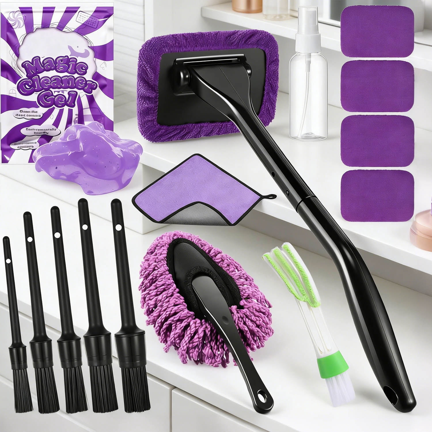 Windshield Cleaner Tool, Car Cleaning Kit with Various Detailing Brushes Set Spray Bottle Cleaner Towel Cleaning Gel Accessories for Windows Vents