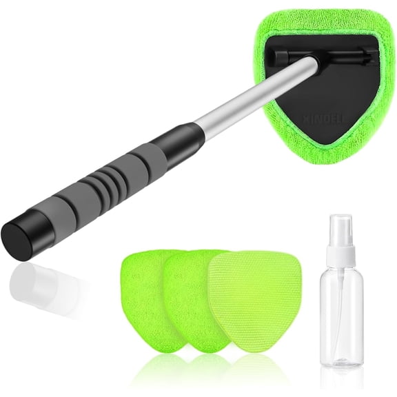 Windshield Cleaner Tool - Car Interior Cleaning Brush Kit with Extendable Handle, 4 Microfiber Towel Pads, Auto Glass Wiper for Car Detailing, Windshield, Trucks, SUVs, RVs, and Home Windows