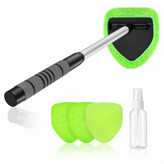 Windshield Cleaner Tool, Car Interior Cleaning Brush Kit with Extendable Handle, 4 Microfiber Towel Pads, Auto Glass Wiper for Car Detailing, Windshield, Trucks, SUVs, RVs, and Home Windows, Green