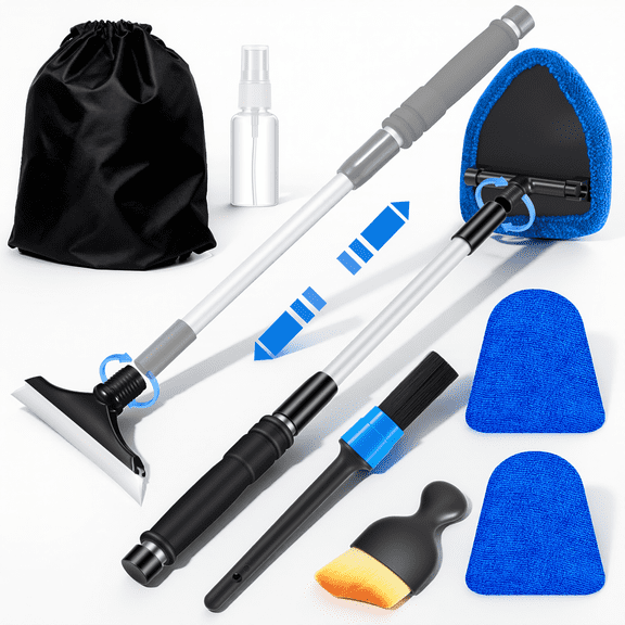 Windshield Cleaner Tool, Car Interior Cleaning Kit with Extendable Handle and 3 Reusable Microfiber Pads, Auto Glass Wiper and Detailing Brush Kit for Car & Home Window, Blue