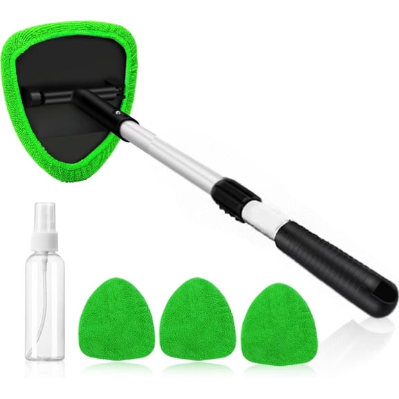Windshield Cleaner Tool, Car Interior Detailing Cleaning Kit with Extendable Handle and 4 Reusable Microfiber Pads, Auto Glass Wiper Brush Kit for Cars, Blue,15.9in