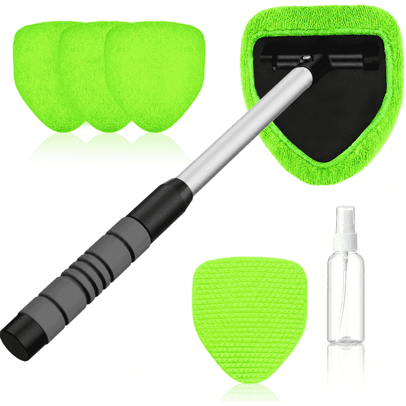 Windshield Cleaner Tool Car Interior Window Cleaning Kit with Extendable Handle & 4 Microfiber Pads, Auto Wiper Inside Windshield Brush for Car & Home Windows