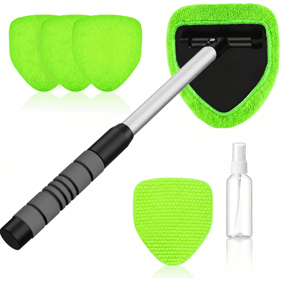 Windshield Cleaner Tool – Car Interior Window Cleaning Kit with Extendable Handle & 4 Microfiber Pads, Auto Wiper Inside Windshield Brush for Car & Home Windows