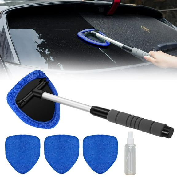 Windshield Cleaner Tool, Car Window Cleaner Tool Car Interior Detailing Cleaning Kit with Extendable Handle and 4 Reusable Microfiber Pads, Auto Glass Wiper Brush Kit for Cars