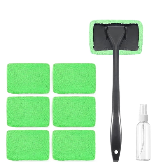 Windshield Cleaner Tool Car Window Cleaner with 6 Reusable and Washable Microfiber Pads and Extendable Handle Auto Inside Glass Wiper Kit (Green)