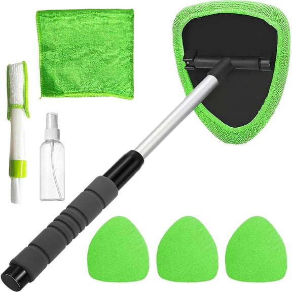 Windshield Cleaner Tool with Extendable Handle, Window Cleaning Kit for Inside & Outside Glass, Includes Microfiber Pads, Brush & Bottle (7 Pcs, Green)