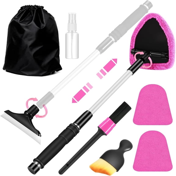 Windshield Cleaner Tool,  Interior Cleaning Kit with Extendable Handle and 3  Microfiber Pads, Auto Glass Wiper and Detailing Brush Kit for  &  Window
