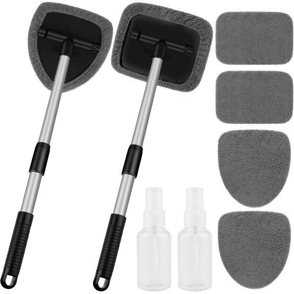 Windshield Cleaner Tool,  Interior Window Cleaning Tool,  Wash kit with 4  Microfiber Pads, 2 Extendable Handle and 2  Bottles, Glass Wiper Kit for Windshield,  Windows