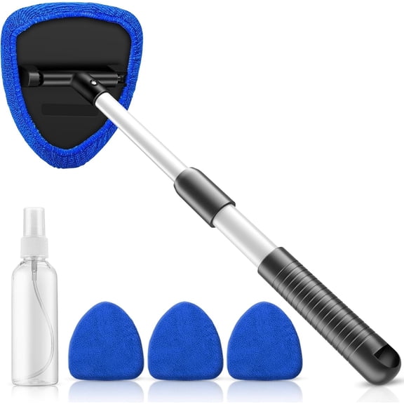 Windshield Cleaning Tool, 23-inch Extendable Handle Window Cleaner with 4 and Washable Microfiber Pads, Auto Glass Wiper Kit for Interior & Exterior, Ideal for Dirty Windows, Blue