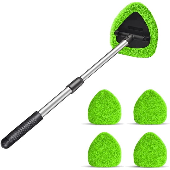 Windshield Cleaning Tool, Car Window Cleaner with 4 Washable Reusable Microfiber Pads, Extendable Long Handle Glass Wiper Cleaning Kit, Auto Accessories Universal for Office and Home (Green)