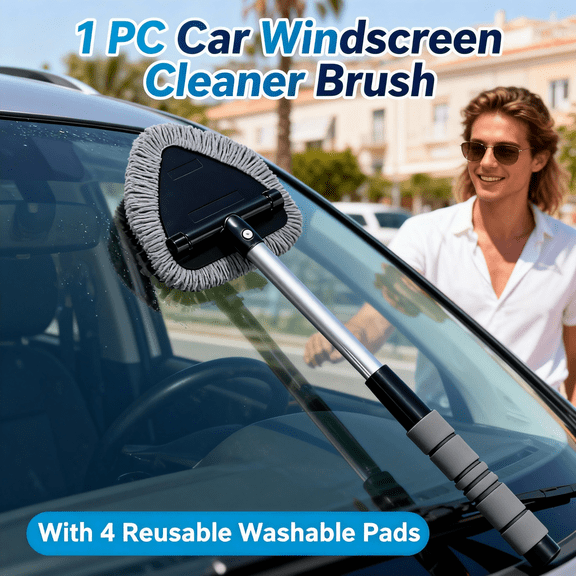 Windshield Cleaning Tool, Car Window Cleaner with Extendable Long Handle and 3 Washable Reusable Microfiber Pads, Auto Interior Exterior Glass Wiper Cleaning Kit Universal for Office and Home (Gray)