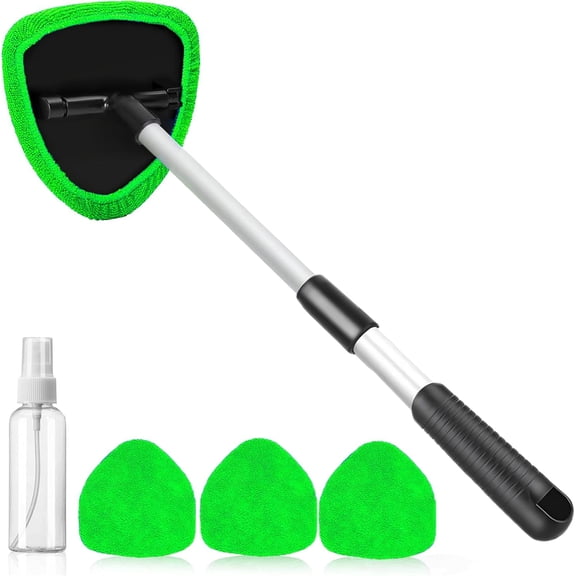 Windshield Cleaning Tool, Car Window Cleaner Windshield Cleaner with 4 Reusable and Washable Microfiber Pads and Extendable Handle Auto Inside Glass Wiper Kit (Green)
