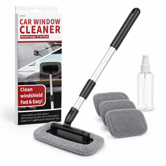 Swartisfad Extendable Windshield Cleaner Tool, Car Interior Window Cleaning Wand Kit with 4 Reusable Microfiber Pads and 1 Spray Bottle, Grey
