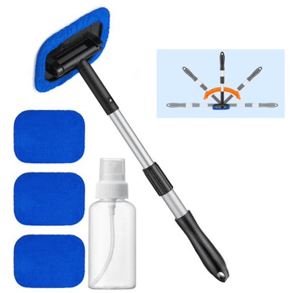 Windshield Cleaning Tool, Car Window Cleaner Windshield Cleaner with 4 Reusable and Washable Microfiber Pads and Extendable Handle Auto Inside Glass Wiper Kit
