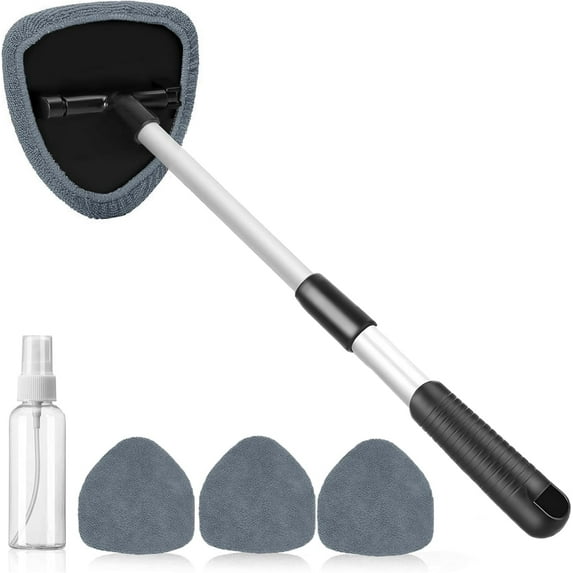 Windshield Cleaning Tool, Car Window Cleaner Windshield Cleaner with 4 Reusable and Washable Microfiber Pads and Extendable Handle Auto Inside Glass Wiper Kit