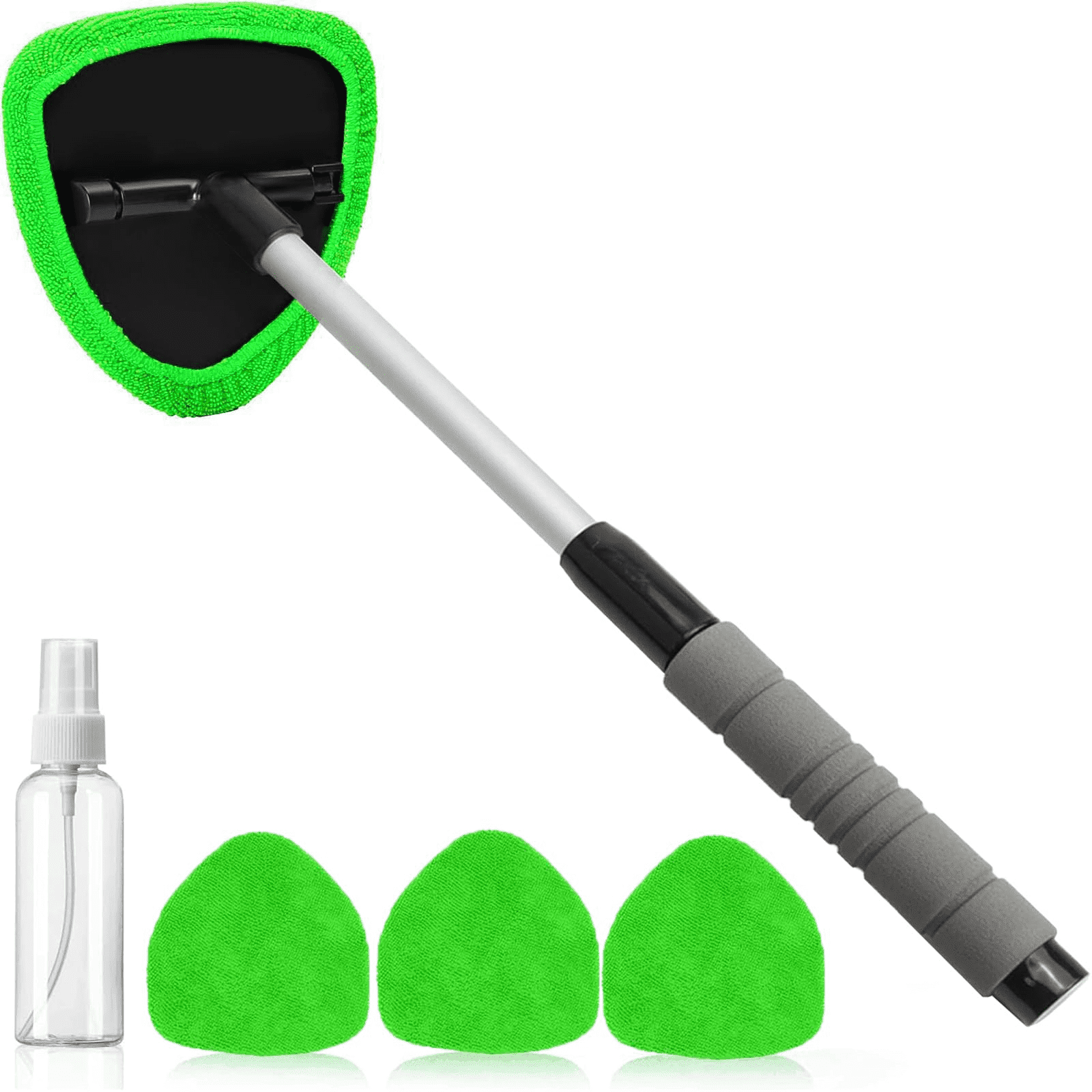 Windshield Cleaning Tool, Car Window Cleaner Windshield Cleaner with 3 Reusable and Washable Microfiber Pads and Extendable Handle Auto Inside Glass Wiper Kit (Green)