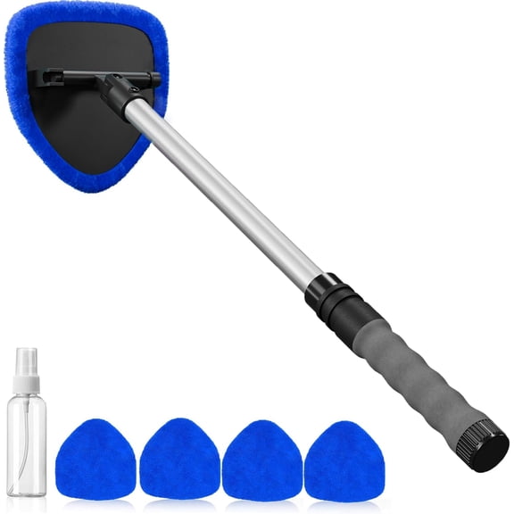 Windshield Cleaning Tool, Car Window Cleaner Windshield Cleaner with 4 Reusable and Washable Microfiber Pads and Extendable Handle Auto Inside Glass Wiper Kit
