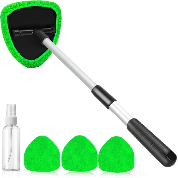 Windshield Cleaning Tool, Car Window Cleaner with 4 Reusable Microfiber Pads and Extendable Handle for Interior and Exterior Glass