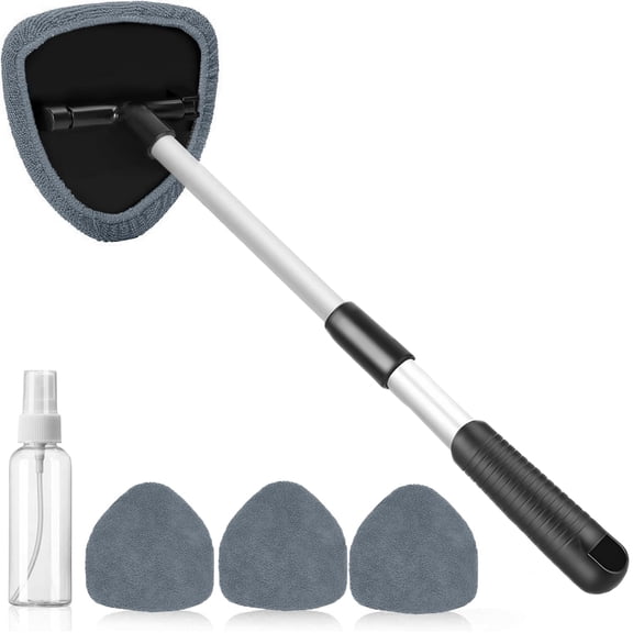 Windshield Cleaning Tool, Car Window Cleaner with 4 Reusable Microfiber Pads and Extendable Handle for Interior and Exterior Glass