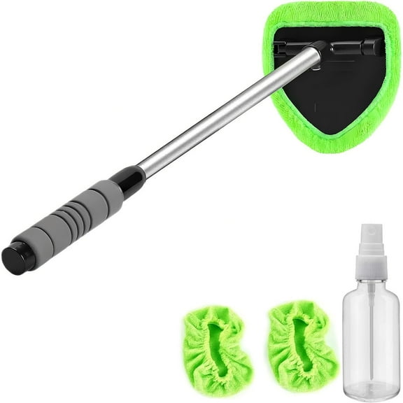 Windshield Cleaning Tool, GoXteam Auto Glass Cleaner Wand with Reusable Microfiber Aluminum Handle Glass Wiper Kit (3 Reusable Microfiber Pads & 1 Spray Bottle)