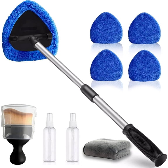Windshield Cleaning Tools, Expandable Window Cleaner kit with 4 Microfiber Pads, 2 Bottles, Windshield Cleaning Wand Tool, Auto Interior Dust Brush, for , SUVs, RVs etc