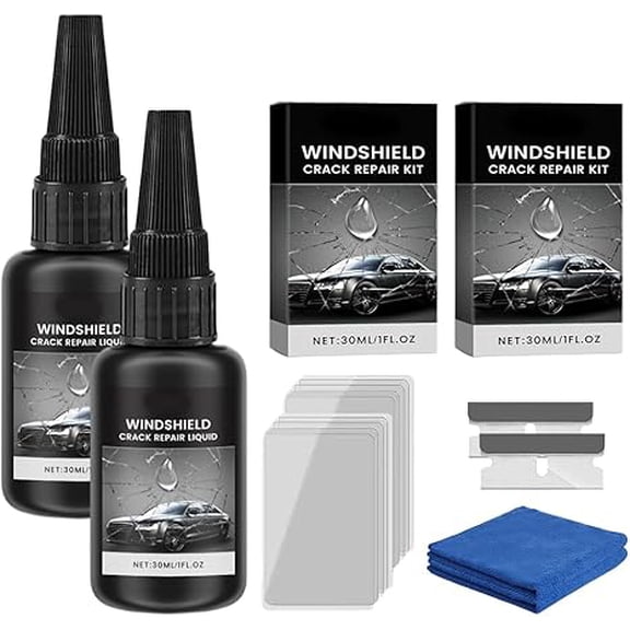 Windshield Crack Repair Kit, 2026 New Advanced Formula Quick Fix with 30ml Glass Repair Liquid 1 Towel 1 Blade 5 Curing Films, Universal Cracks Gone Glass Repair Kit