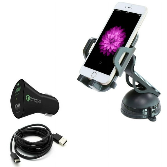 Windshield Dash Car Mount w 2-Port USB 30W Fast Charger for Nokia 3.1 Plus - OnePlus 6T, 6, 7 Pro - Razer Phone 2 - RED Hydrogen One - Samsung Galaxy S9 Plus, S8+ S8, S10 Plus active S10e 5G