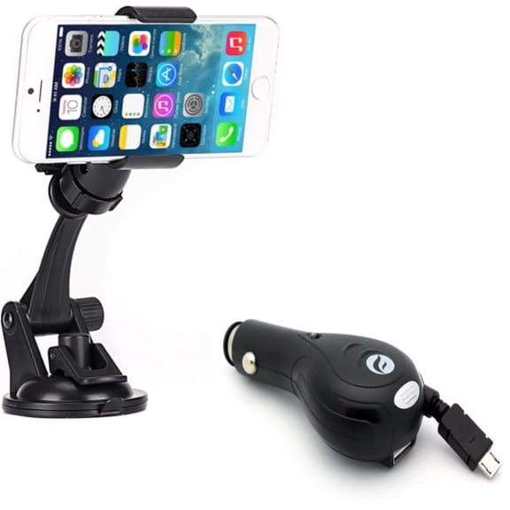 Windshield Dash Car Mount w 3.1A Retractable Charger for Samsung Galaxy J7 V (2017), Grand Prime Express Prime, Perx, S7 Edge S6 Edge+ Edge Active S5 Active, Note 5 4 3 Mega 2, J5 J3 Emerge