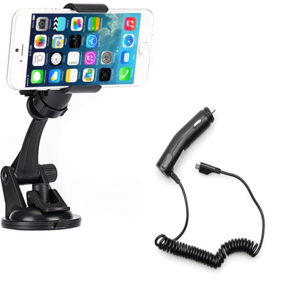Windshield Dash Car Mount w Coiled Micro-USB Charger for Samsung Galaxy J7 V (2017), Grand Prime Express Prime, Perx, S7 Edge S6 Edge+ Edge Active S5 Active, Note 5 4 3 Mega 2, J5 J3 Emerge