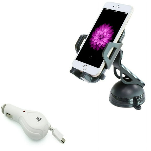 Windshield Dash Car Mount w MicroUSB Retractable Charger for Alcatel REVVL, Dawn, Jitterbug Smart 2, 1x Evolve - ASUS ZenFone Max Plus M1 5Q 3 Max - BLU S1, Vivo XL4 XI, Studio X8 HD