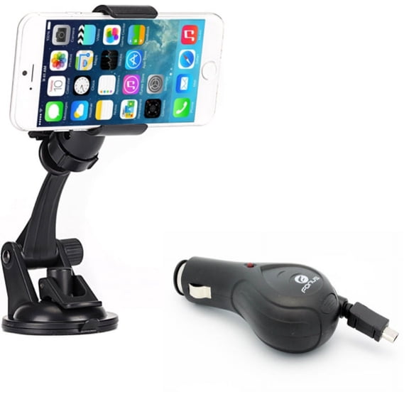 Windshield Dash Car Mount w MicroUSB Retractable Charger for Samsung Galaxy J7 Sky Pro, V (2017), Grand Prime Express Prime, Perx, S7 Edge S6 Edge+ Edge Active S5 Active, Note 5 4 3 Mega 2, J5