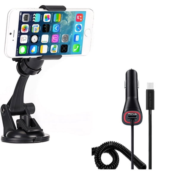 Windshield Dash Car Mount w Power Type-C Quick Charger for Alcatel 7 - ASUS Zenfone V Live, ROG Phone, AR 6 5z 4 Pro - Blackberry Key2 LE - BLU G9, Vivo XI Plus 5 - CAT S48c - Coolpad Legacy