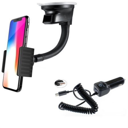 Windshield Dash Car Mount w Type-C 3.1A Charger Y1W for LG Stylo 4 Plus - Microsoft Lumia 950 - Motorola One, Moto Z4 Z3 Play Z2 Play Z Play Droid Force Droid X4 G7 Power Play G6 - Nokia 3.1