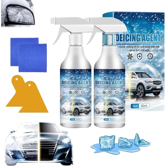 Windshield De-Icer Spray with Scraper & Cloth for Car Glass