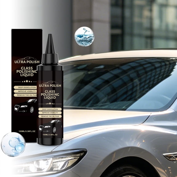 Windshield Glass Polishing Liquid 3.4 fl oz Oil Film Remover for Car Windows & Mirrors, Removes Bugs, Grime & Water Spots, Improves Rain Visibility