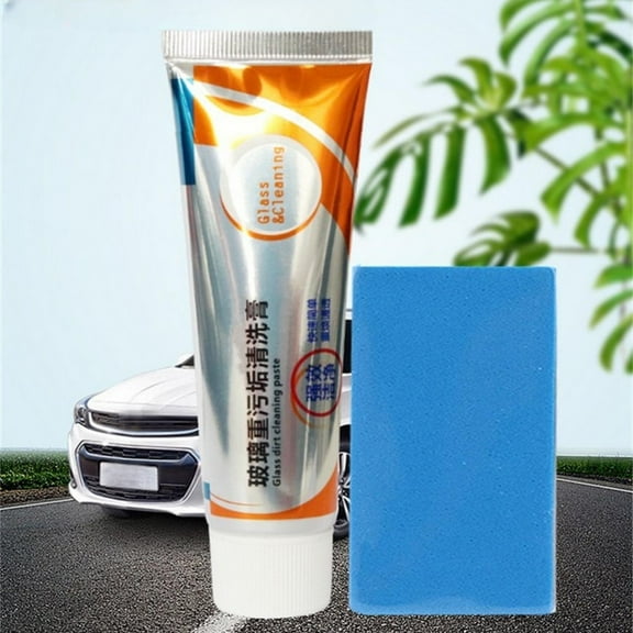 Windshield Oil Film Remover Paste with Sponge, Heavy-Duty Glass Cleaner Eliminates Rain Streaks Wiper Noise and Haze, Mild Non-Scratch Formula for Car Windows and Home Glass