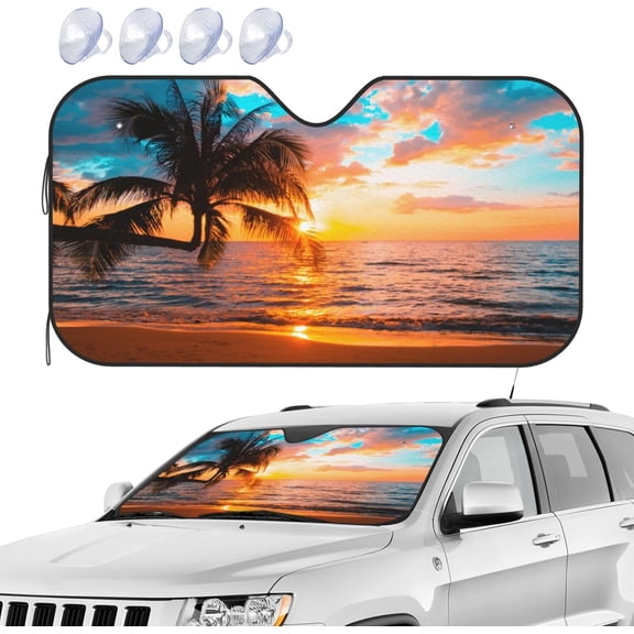Windshield Sun Shade Beach Palm Tree Summer Sunset Front Window Sunshade Cover for Car Truck SUV Blocks UV Rays Automotive Visor Interior Protector 51 x 27.5 inch