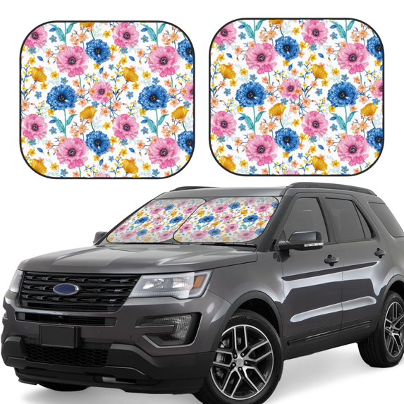 Windshield Sun Shade, Blue Pink Yellow Rose Flowers Foldable Car Sun Shade Windshield For Front, 2 Pieces