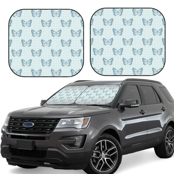 Windshield Sun Shade, Blue butterfly checkered Foldable Car Sun Shade Windshield for Front, 2 Pieces