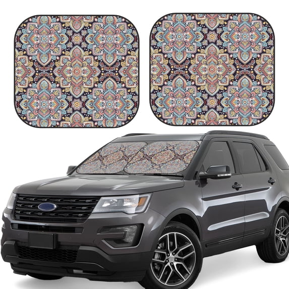 Windshield Sun Shade, Boho Mandala Pattern Foldable Car Sun Shade Windshield For Front, 2 Pieces