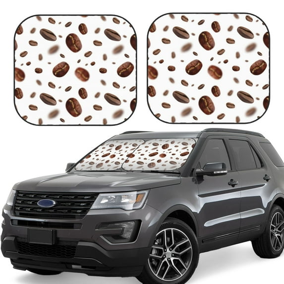 Windshield Sun Shade, Brown Coffee Bean Print White Foldable Car Sun Shade Windshield For Front, 2 Pieces